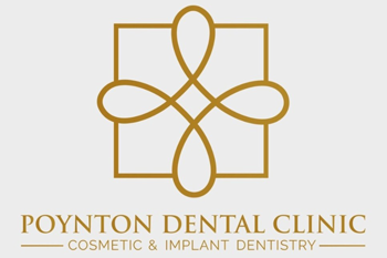 Poynton Dental Clinic logo featuring a decorative gold design symbolizing cosmetic and implant dentistry with five-star quality services